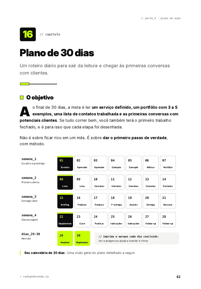 Página do capítulo 16 com o calendário do plano de 30 dias